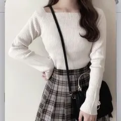 スクエアネックリブニットトップス Sサイズ アイボリー GRL 春