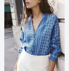 ZARA 刺繍ブラウス コットン100 エンブロイダリー ブルー 羽織り シャツ