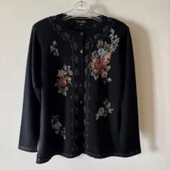 黒の花柄刺繍長袖カーディガン