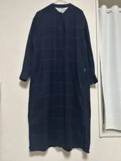 無印良品　チェック柄ロングシャツワンピース ネイビー 長袖 S