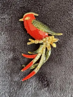 ヴィンテージ 鳥 エナメル ブローチ 赤×緑 ラインストーン ゴールド