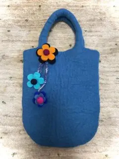 【超美品】 ハンドメイド 青 フェルト バッグ