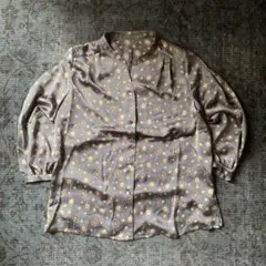 希少 総柄シャツ レトロ ノーカラー デザイン 雰囲気 モード 古着