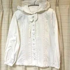 【ピンクハウス】白ピコフリルピンタックリボンパーカー襟ブラウス