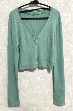 リブ編みミントグリーンカーディガン　ニット　セーター　ショート丈