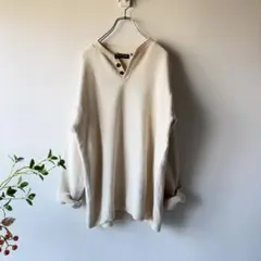 【訳あり】ヘンリーネック　長袖ニット　アイボリー　90s　脇ほつれ　M