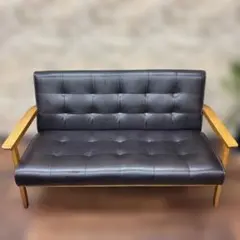 レトロ調ダークブラウン合成皮革ソファ2人掛け