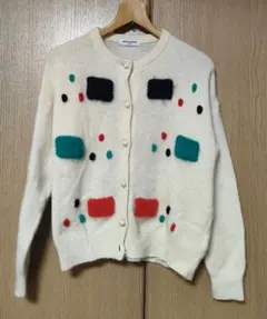 ゲルラン銀座 アイボリー カラフルブロック カーディガン 薄手柔らかニット