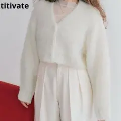 美品　titivate　クロップド起毛ニットカーディガン　F　オフホワイト