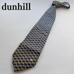 ダンヒル シルクネクタイ ブルー 基調 総柄 上品 幾何学チェック【n7469】