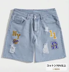 メンズ コットン レター グラフィック ダメージデニムショーツ、スクールジョーツのサムネイル