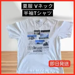 Vネック 半袖 Tシャツ L ホワイト 春 夏 服