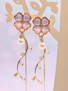 ピンクフラワー×パール ロングピアス♡上品 揺れる 大人可愛い ハンドメイド