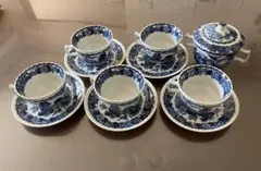 青い花柄ティーカップセット　「カップ５客とシュガーポット１個」