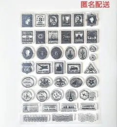 クリアスタンプ 切手 ロゴ 消印 人物 数字 乗り物建物 41パーツ【台紙傷有】