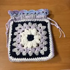 かぎ編み お花モチーフ 巾着ポーチ