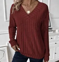 リブ編み Vネック 長袖ニットセーター バーガンディ