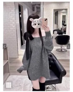 GRL ワンショルダーベロアリボンニットミニワンピース