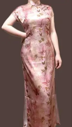 全品半額セール ピンク サテン ロング丈 チャイナドレス 蝶柄 上品 コスプレ