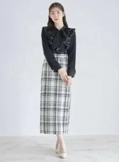 toccocloset 裾フリンジチェックツイードタイトロングスカート