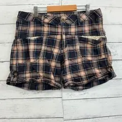 チェック ショートパンツ M相当 茶 レース 大人可愛い きれいめ 春夏