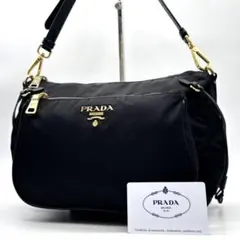 ✨美品✨プラダ ショルダーバッグ メタルロゴ ゴールド金具 ナイロン レザー 黒
