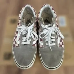 VANS Old Skool スニーカー グレー×ピンク　チェック柄25.5cm