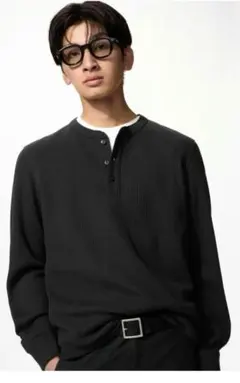 値下げ新品ユニクロUNIQLOワッフル ヘンリーネック長袖カットソー L