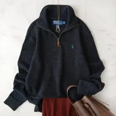 美品 ポロラルフローレン 暖か コットン ハーフジップニット チャコールグレー