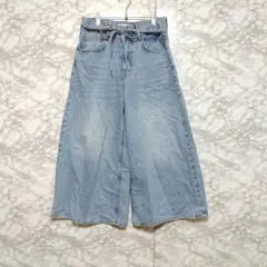 ZARA ザラ デニムパンツ フレア ワイドパンツ リボンベルト クロップド丈