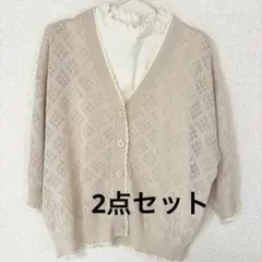 ハニーズ Honeys 透かし編Ｖカーデ メローハイネック 2点セット 七分丈