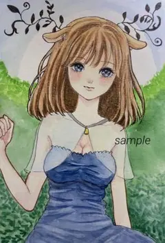 オリジナル手描きイラスト　創作　水彩画　アナログイラスト　鹿耳