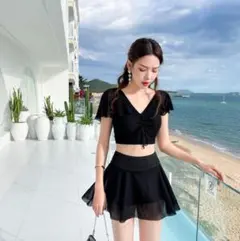 [XXL]ブラック セパレート水着 フリルスカート付き 温泉Vネック上下Aライン