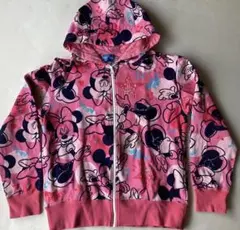 ミニーマウス 総柄 パーカー S ディズニーリゾート購入 ジップアップ 裏起毛