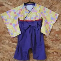 袴ロンパース 女 70～80cm 黄 紫 花柄 ニューボーン 着物 お宮参り 綿