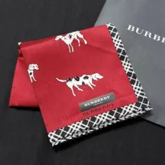 バーバリー大判ハンカチ　人気犬柄　ダルメシアン　縁ノバチェック　レッド　新品