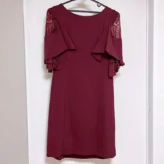flexin お呼ばれドレス ワインレッド S レース付きフリル袖 ドレス
