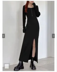 新品未使用　スクエアネックスリットリブニットロングワンピース[k9273d]