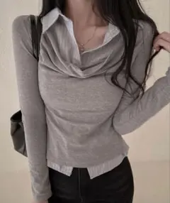 shein SHEIN トップス　ストライプ　グレー　韓国