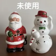 サンタクロースと雪だるまの陶器製キャンドルホルダー 2個セット外国製