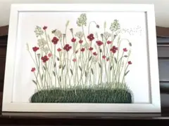 青木和子　刺繍　完成品　フレーム付き　「野の花のガーデン　ポピー」
