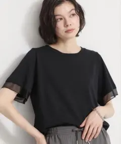 上品な透け感 袖口シアーTシャツ　Ｍサイズ