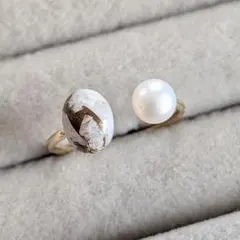 淡水パール コッパーカルサイト フリーリング 指輪 天然石 フォークリング