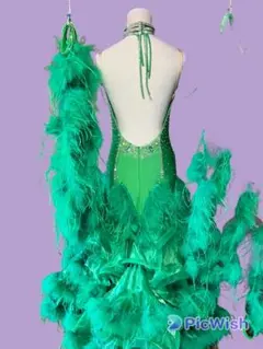 グリーン社交ダンスドレス フリル・羽毛付き