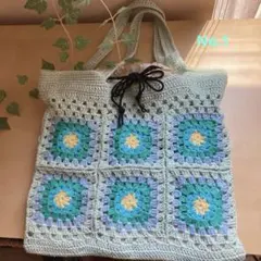 ハンドメイド　モチーフ編み　ぺたんこトートバッグ　ミント　巾着付