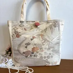 No.64帯リメイクバック　クリーム色和風デザイン トートバッグ
