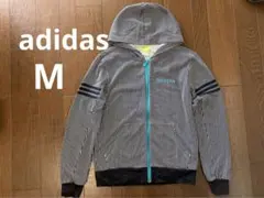 adidas アディダス　長袖パーカー　黒×白　細ボーダー　レディース　メンズ