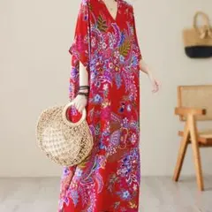 【専用様ページ】花柄 ロングワンピース アジアン 半袖 赤