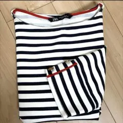 ZARA ザラ ボーダーカットソー M 金ボタン マリン 前後差 紺 白