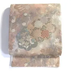 6k2136 袋帯　絹　西陣織　佐賀錦　引箔　銀色　金色　ピンク　白　青　花柄
